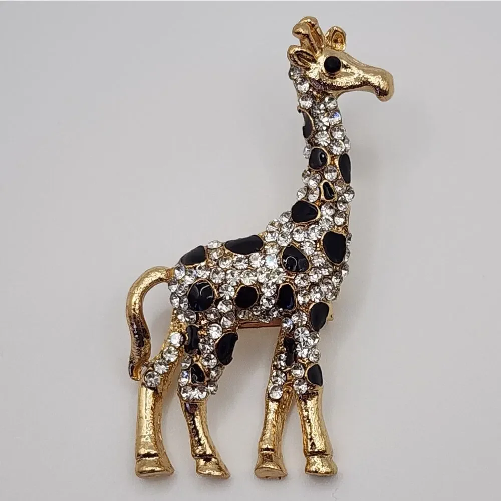 Giraffe Enamel and Rhinestones Brooch Black Spots & Clear Stones Jungle Animal